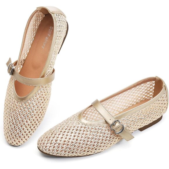 Shoes - Women's Gold Mesh Ballet Flats Adjustable Strap Mary Jane Casual Office Shoes